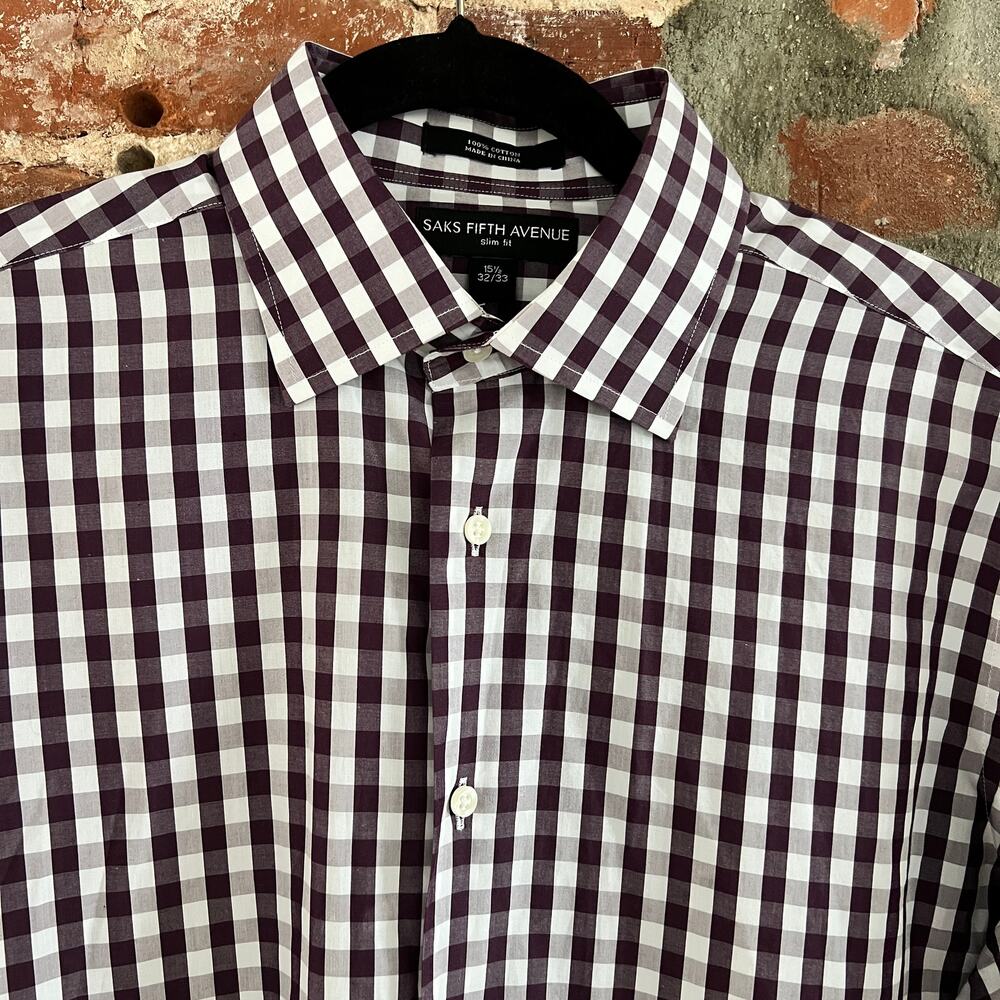 Saks Fifth Avenue Men's Gingham Shirt 15.5 32/33 Size M